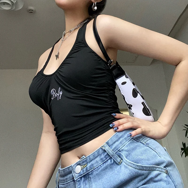 Women Clothes Sexy Crop Tops Halter Backless Letter Print Black Tops Ruched Crop Top Sleeveless Tank Top Lady Female
Women Clothes Sexy Crop Tops Halter Backless Letter Print Black Tops Ruched Crop Top Sleeveless Tank Top Lady Female