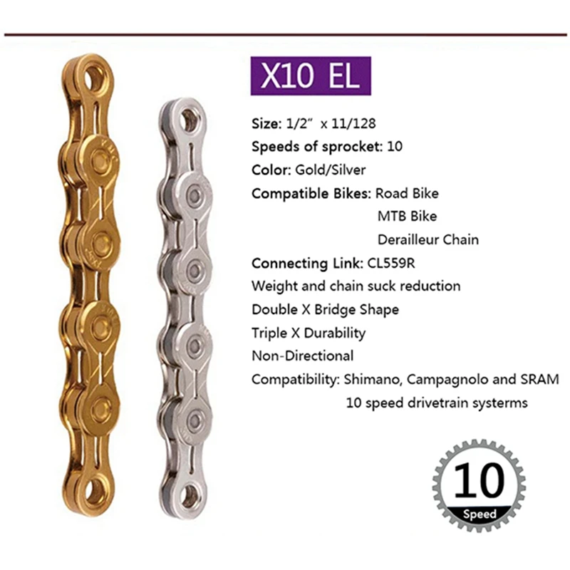 KMC X10EL Bicycle Chain, 10 Speed Ultralight Racing Chains, 116 Road and Mountain Bike Links
KMC X10EL Bicycle Chain, 10 Speed Ultralight Racing Chains, 116 Road and Mountain Bike Links
