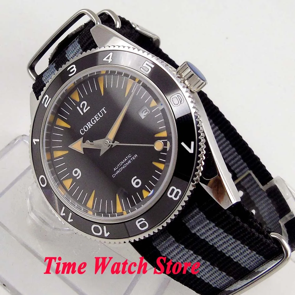 

41mm corgeut Miyota 8215 5ATM Automatic men's watch waterproof black dial Sapphire Glass luminous ceramic bezel nylon strap Cor1