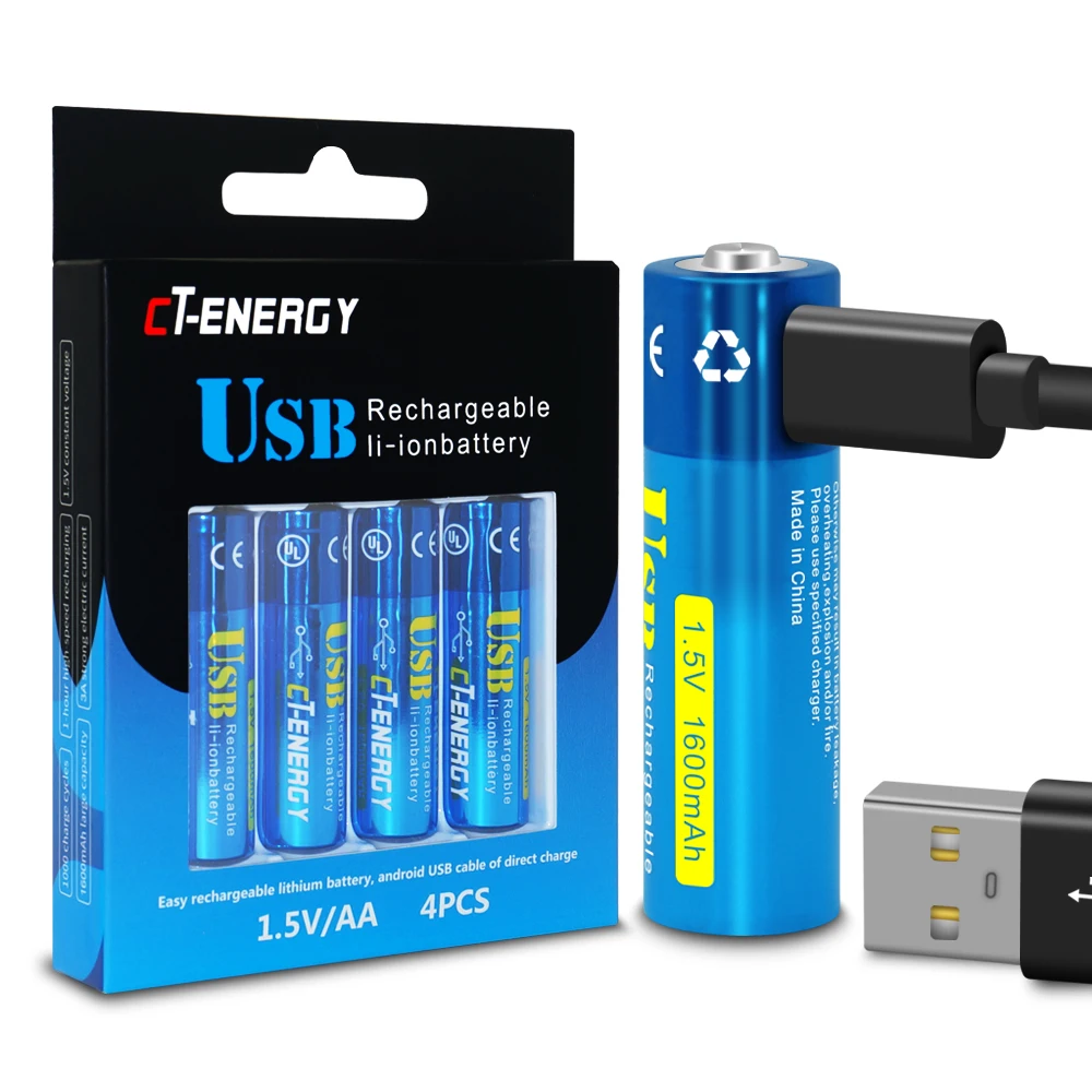 Фото USB перезаряжаемая AA литиевая батарея в CT Energy 1 5 V 1600mAh с usb кабелем|Перезаряжаемые