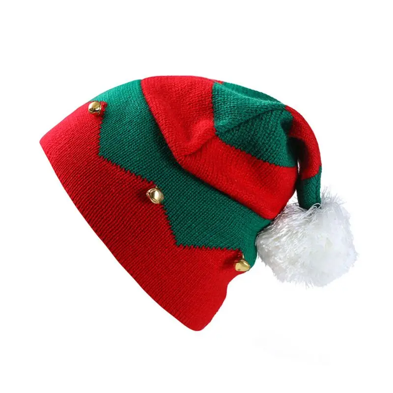 

Toddler Kids Christmas Knitted Elf Hat with Small Bells Contrast Color Wavy Stripes Crochet Pompom Santa Cap Party Supplies