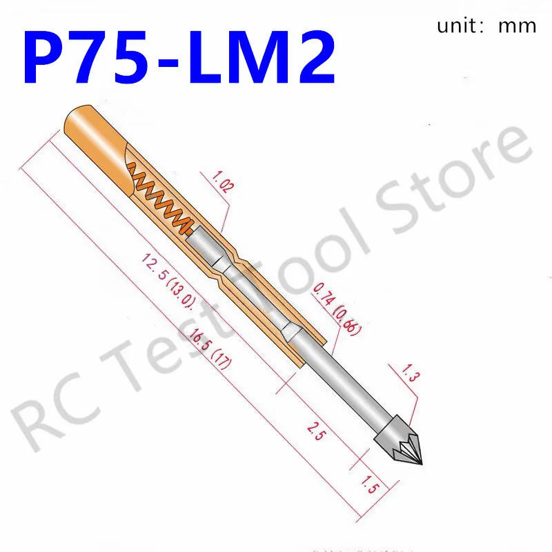 

100PCS Spring Test Probe P75-LM2 Test Pin Copper Nickel Plated Spring Test Pin Head Dia 1.30mm P75-LM Pogo Pin 1.02mm