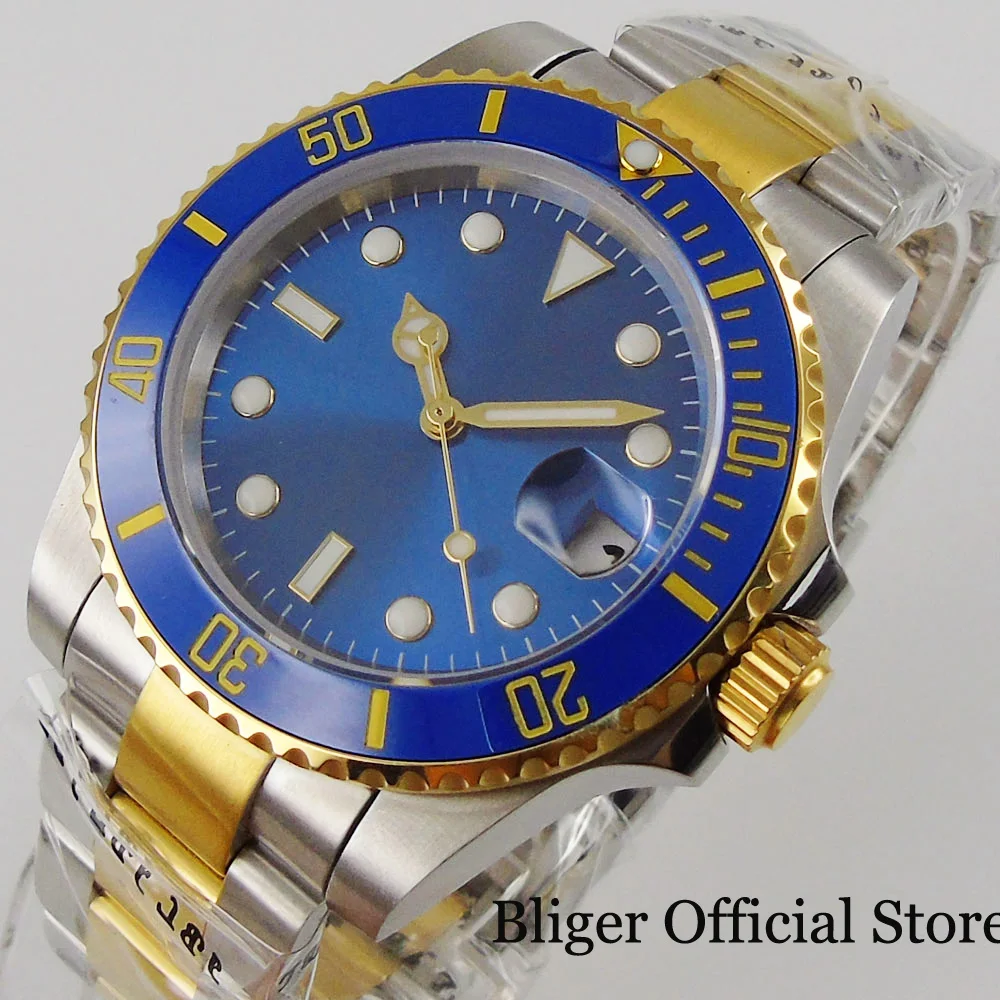

BLIGER Japan NH35 MIYOTA 8215 Automatic Men Watch Two Tone Gold Oyster Strap Sterile Blue Sunburst Dial Sapphire Crystal