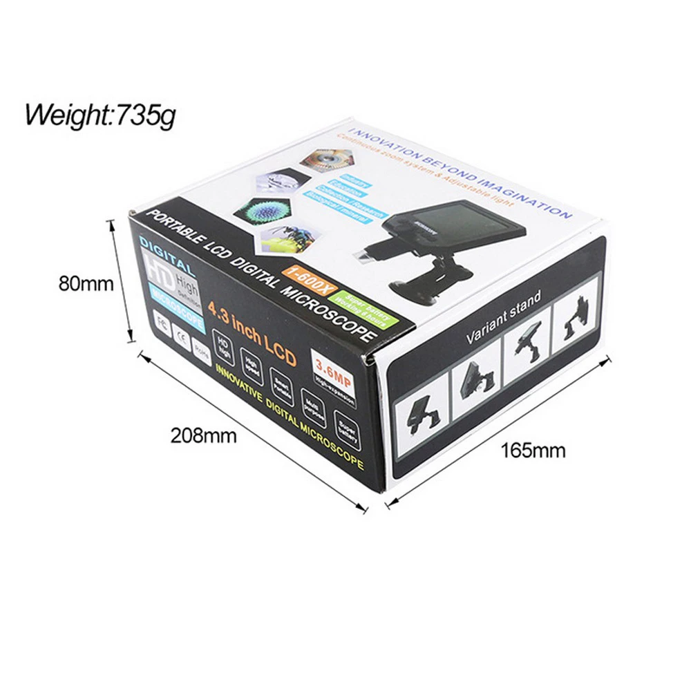 Digital Microscope 1-600 Tmes 4.3 Inch HD Display LCD Welding Microscope Mobile Phone Repair Magnifying Glass + Metal Bracket
Digital Microscope 1-600 Tmes 4.3 Inch HD Display LCD Welding Microscope Mobile Phone Repair Magnifying Glass + Metal Bracket