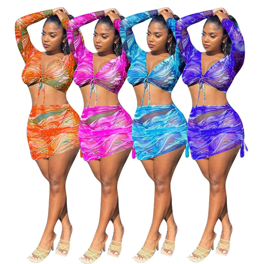 

Adogirl Two Piece Sets 2021 Summer Women Crop Tops+Stacked Skirt Fashion Beachwear Female Mesh Ruched Clubwear Outfits