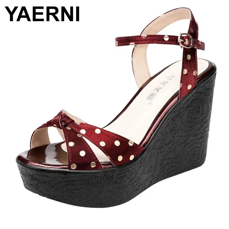 

YAERNI11CM Summer New Heel Burgundy Polka Dot Butterfly-Knot Sandals Buckle Strap Wedges Platform High Heels Peep Toe Sexy Women