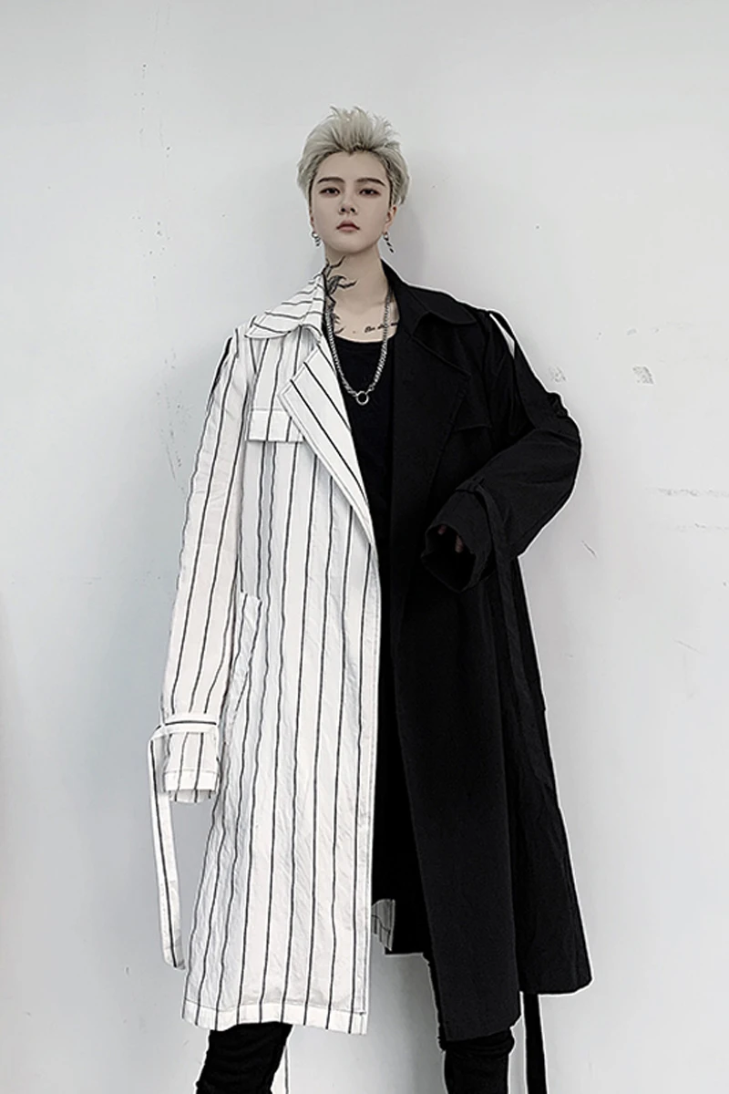 M-XL!2020 spring qiu loaded new dark black personality black and white striped contrast color men's mid-length loose windbreaker 
M-XL!2020 spring qiu loaded new dark black personality black and white striped contrast color men's mid-length loose windbreaker