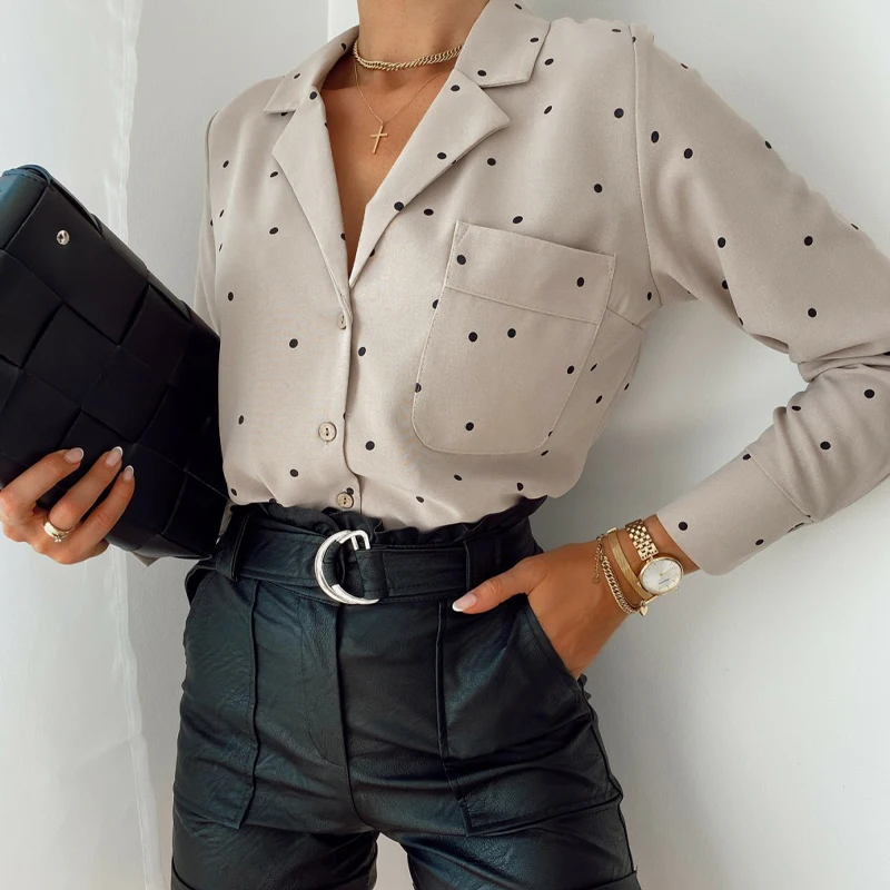 Pockets Polka Dot Printed Casual Women Blouse Ladies Long Sleeve Turn Down Collar Office Work Fashion 2021 Autumn Tops
Pockets Polka Dot Printed Casual Women Blouse Ladies Long Sleeve Turn Down Collar Office Work Fashion 2021 Autumn Tops
