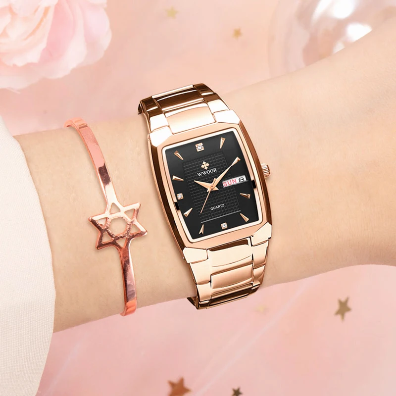Часы WWOOR женские кварцевые под розовое золото брендовые Роскошные модные