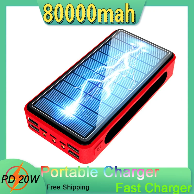 

80000mAh Solar Power Bank Portable Charger Large Capacity External Battery 4USB LED Light Powerbank for Xiaomi IPhone Samsung