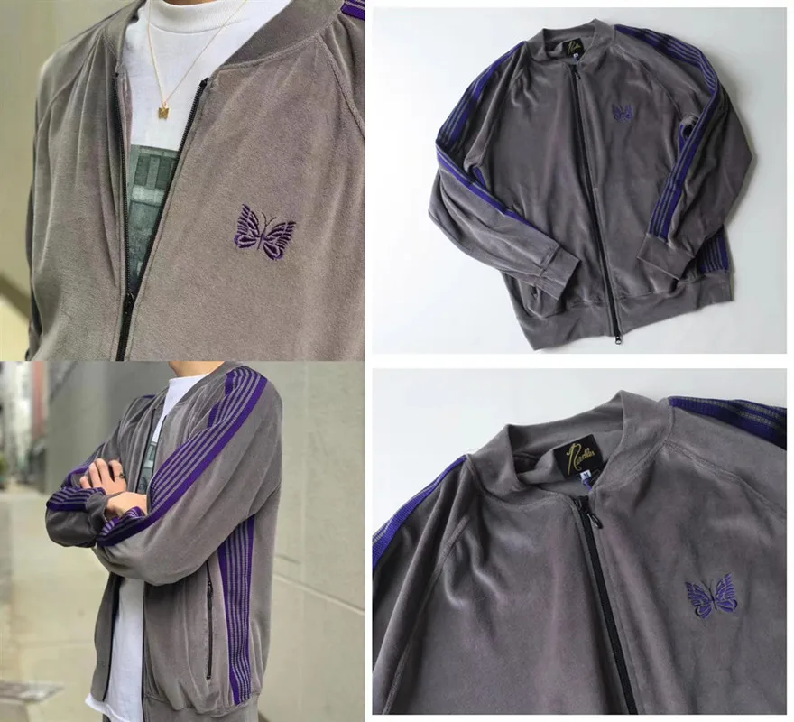 2020 Velvet Ribbon Striped AWGE Needles Jacket Men Women Gray Butterfly Embroidery Jackets
2020 Velvet Ribbon Striped AWGE Needles Jacket Men Women Gray Butterfly Embroidery Jackets