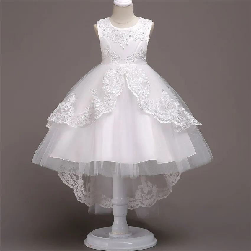 

Белое кружевное свадебное платье со шлейфом для девочек, платья принцессы с цветами, летняя Праздничная детская одежда, вечернее платье, де...