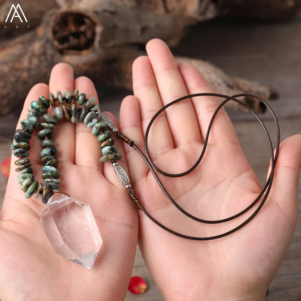 Natural White Quartz Double Point Pendant African Turquoises Chip Beads Leather Knotted Handmade Necklace Fashion Women Jewelry
Natural White Quartz Double Point Pendant African Turquoises Chip Beads Leather Knotted Handmade Necklace Fashion Women Jewelry