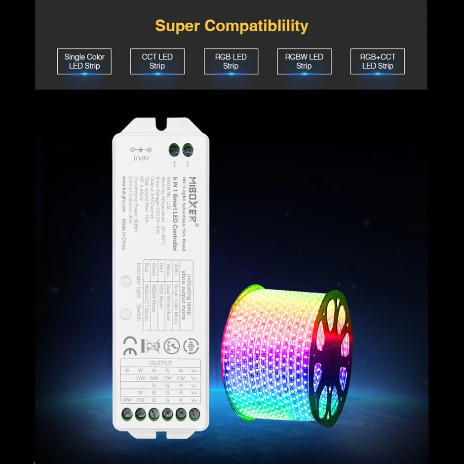 Умный светодиодный контроллер DC12V-24V 5 в 1, 2,4G, беспроводное управление Mi. Светильник LS2 для одноцветной/CCT/RGB/RGBW ленты
Умный светодиодный контроллер DC12V-24V 5 в 1, 2,4G, беспроводное управление Mi. Светильник LS2 для одноцветной/CCT/RGB/RGBW ленты