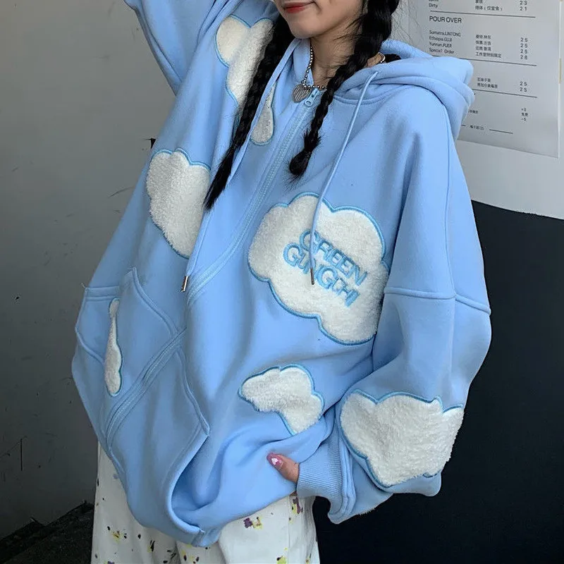 Autumn Women Long Sleeve Plus Velvet Warm White Clouds Zip Up Hooded Sweatshirt Korean Style Oversized Hoodies Female Tops
Autumn Women Long Sleeve Plus Velvet Warm White Clouds Zip Up Hooded Sweatshirt Korean Style Oversized Hoodies Female Tops