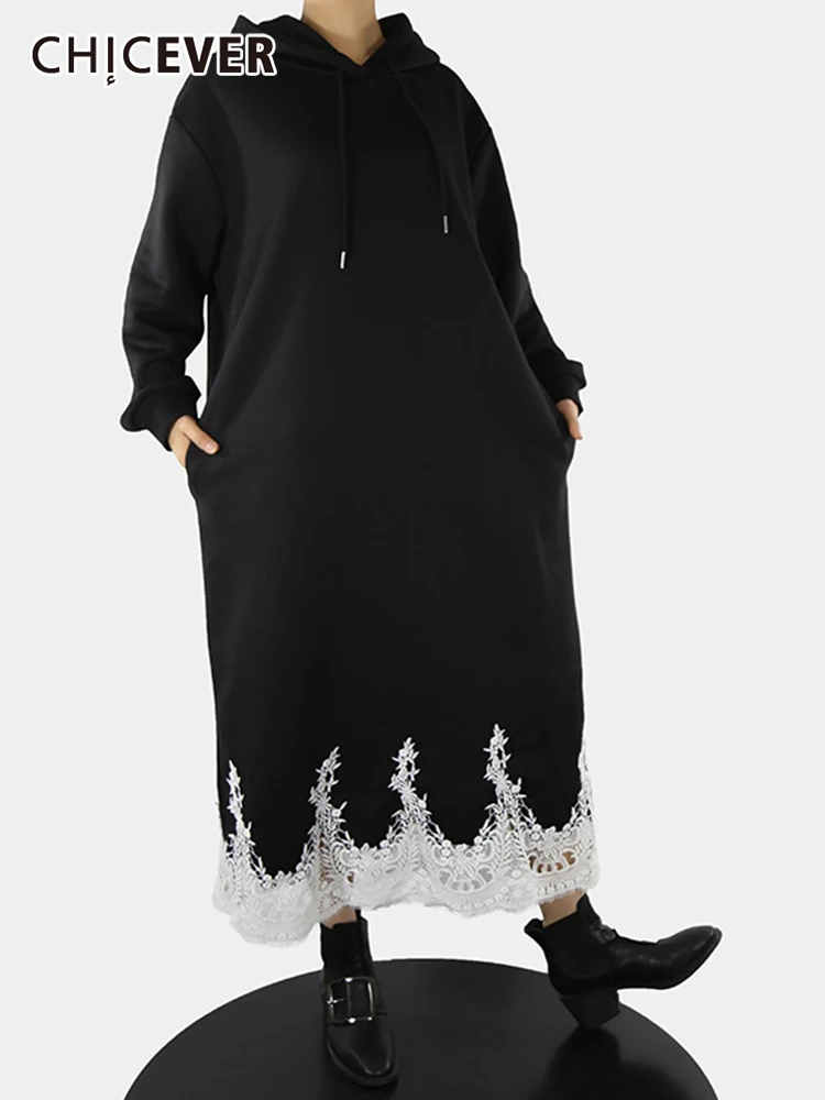 CHICEVER Black Loose Midi Dress For Women Hooded Long Sleeve Loose Waist Patchwork Lace Straight Dresses Female Autumn 2021 New 
CHICEVER Black Loose Midi Dress For Women Hooded Long Sleeve Loose Waist Patchwork Lace Straight Dresses Female Autumn 2021 New