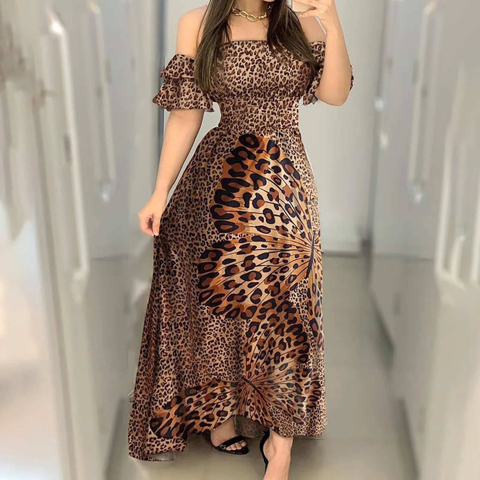 

Women Off Shoulder Party Dress Sexy Ladies Ruffle Leopard Print Flare Long Sundress Casual Strappy Slash Neck Butterfly Vestidos
