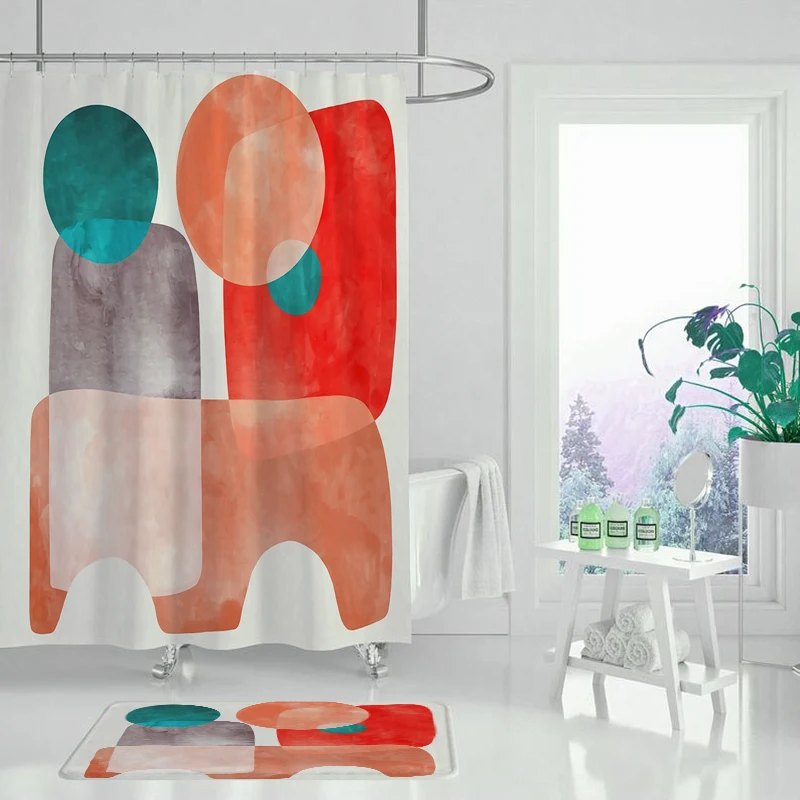 Geometric wave shower curtain, trendy plant shower curtain, shower curtain set with waterproof fabric for bathroom decoration 
Geometric wave shower curtain, trendy plant shower curtain, shower curtain set with waterproof fabric for bathroom decoration