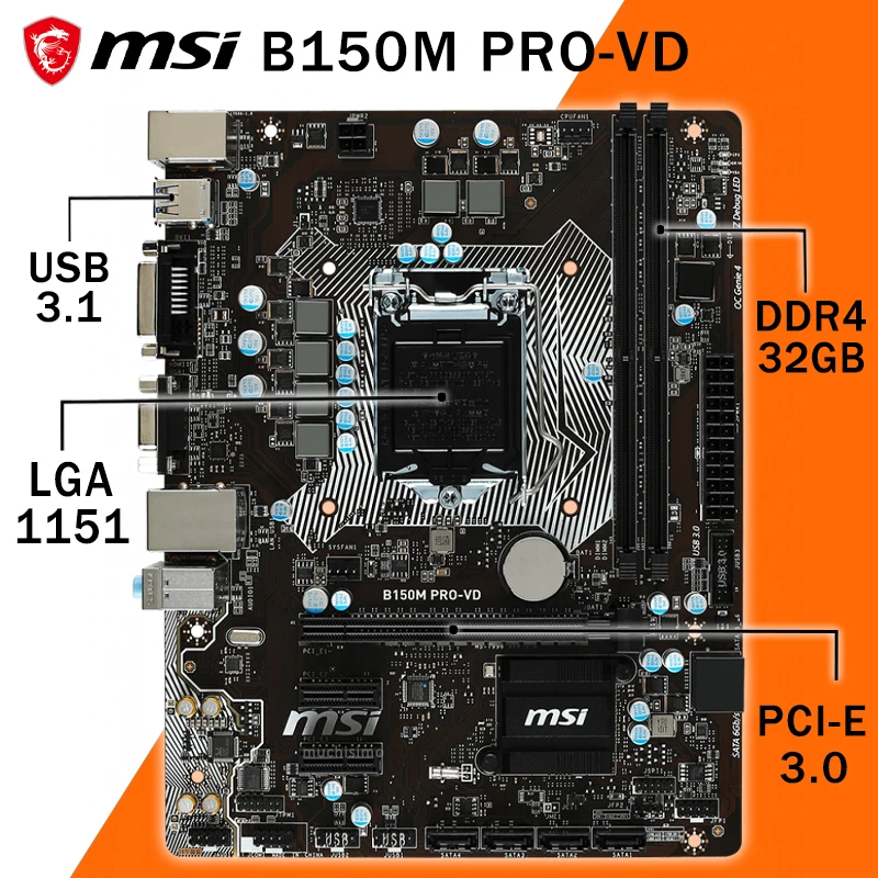 Материнская плата LGA 1151 MSI B150M PRO-VD Core i7/i5/i3 DDR4 2133 МГц PCI-E 3 0 VGA DVI Intel B150 игровая
