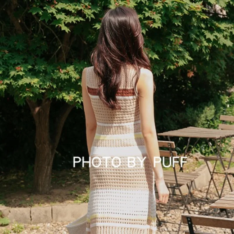 

jurken zomer 2020 New Fashion Knitting Hollow out maxi dress Women Sleeveless Striped Pathcwork vestido mujer verano robe femme