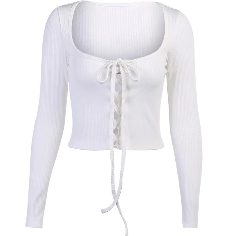 Women's White Square Collor Long Sleee Lace up Bandage Slim Knit Top 2020 New Summer Autumn Sexy Hollow Out Streetwear T Shirt
Women's White Square Collor Long Sleee Lace up Bandage Slim Knit Top 2020 New Summer Autumn Sexy Hollow Out Streetwear T Shirt