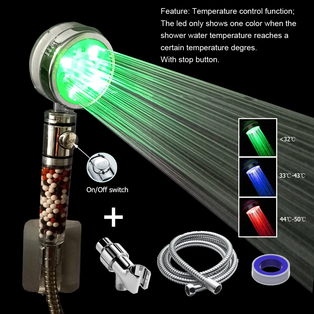 Bathroom Temperature Sensor Led Shower Head High Pressure Rain Negative Ion Handheld Filter Shower Head Set with Stop Button
Bathroom Temperature Sensor Led Shower Head High Pressure Rain Negative Ion Handheld Filter Shower Head Set with Stop Button