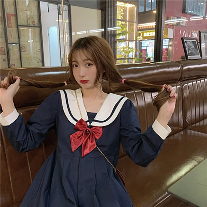 Japaese College Lolita Dress Kawaii Long Sleeve Sweet Bowknot Navy Collar Pile Sailor Dress Cosplay Students High Waist Dresses
Japaese College Lolita Dress Kawaii Long Sleeve Sweet Bowknot Navy Collar Pile Sailor Dress Cosplay Students High Waist Dresses