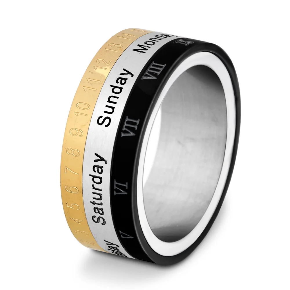 Men's Roman Numerals Date Calendar Time Ring for Rotatable Week Finger Gold Fashion Punk Biker Wedding Stainless Steel Rings
Men's Roman Numerals Date Calendar Time Ring for Rotatable Week Finger Gold Fashion Punk Biker Wedding Stainless Steel Rings