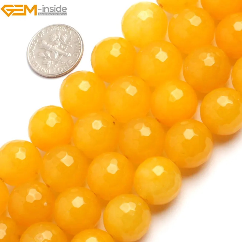 

Gem-inside 4-16mm Natural Round Faceted Yellow Jade Stone Beads For Jewelry Making Strand 15" DIY Valentine Gift