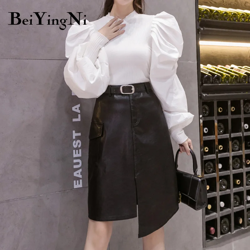 Beiyingni Black PU Leather Pencil Skirts Womens 2021 Autumn Winter New Fashion Sashes Irregular Split Elegant High Waist Skirt
Beiyingni Black PU Leather Pencil Skirts Womens 2021 Autumn Winter New Fashion Sashes Irregular Split Elegant High Waist Skirt