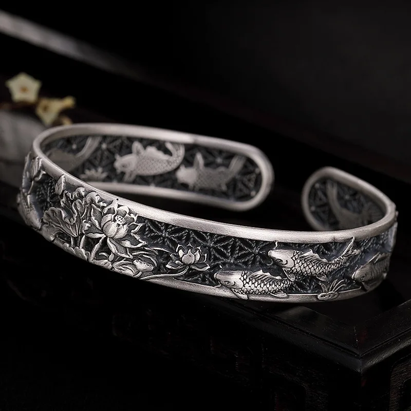 EarringReal Pure 999 Sterling Silver Bangles Carved Fish and Lotus Hollow Design Cuff Bracelets for Women Luxury JewelryRings
EarringReal Pure 999 Sterling Silver Bangles Carved Fish and Lotus Hollow Design Cuff Bracelets for Women Luxury JewelryRings