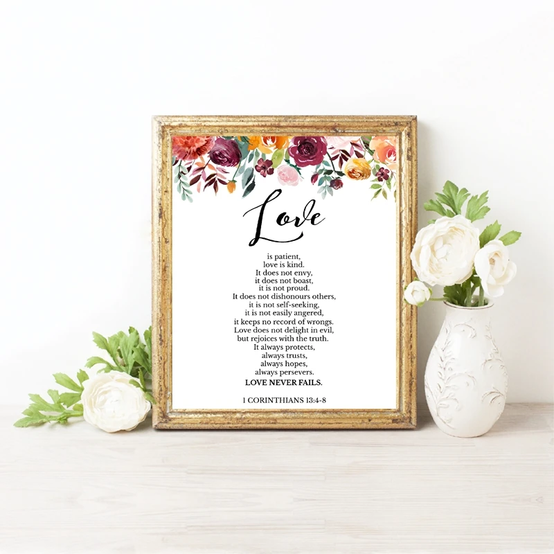 

Bible Verse Love Quotes Wall Art Canvas Painting Watercolor Flowers Scripture Christian Posters And Prints Pictures Home Decor