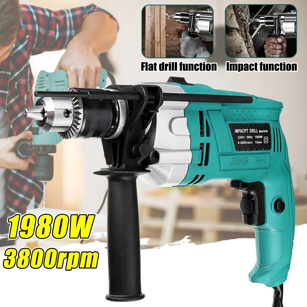 1980W 3800rpm 220V Electric Impact Drill Kit Handheld Flat Drill Rotary Hammer Multifunction + Scale Wrench Handle Bar
1980W 3800rpm 220V Electric Impact Drill Kit Handheld Flat Drill Rotary Hammer Multifunction + Scale Wrench Handle Bar