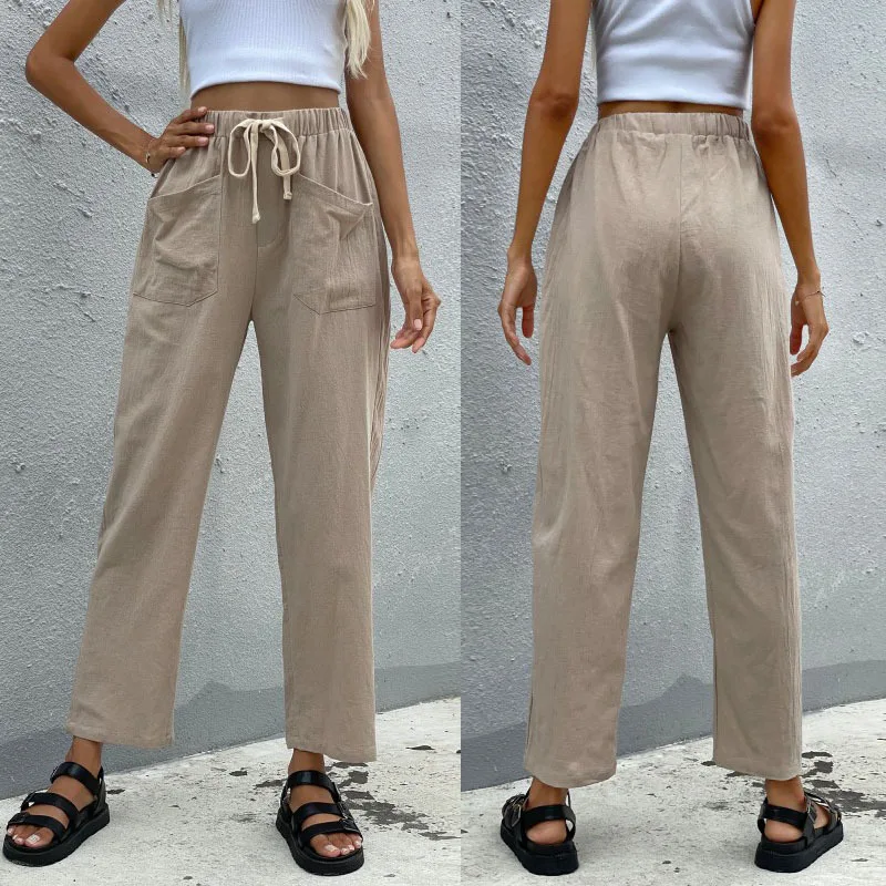 Cotton and Linen Fabric Women Pants for Summer New Style Casual Khaki Color Nine-distribution Lace-up Straight-leg Pants Women
Cotton and Linen Fabric Women Pants for Summer New Style Casual Khaki Color Nine-distribution Lace-up Straight-leg Pants Women