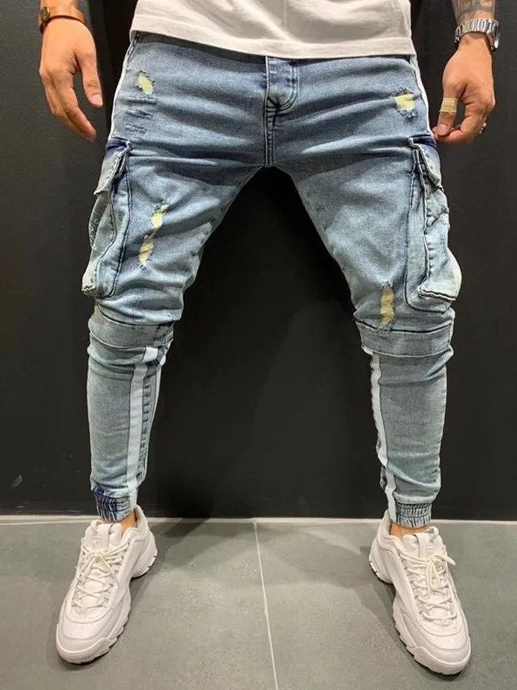 Big pocket Mens Striped Safari Style Brand Black Jeans Skinny Ripped Destroyed Stretch Slim multi-pocket Pants With Holes Men J
Big pocket Mens Striped Safari Style Brand Black Jeans Skinny Ripped Destroyed Stretch Slim multi-pocket Pants With Holes Men J