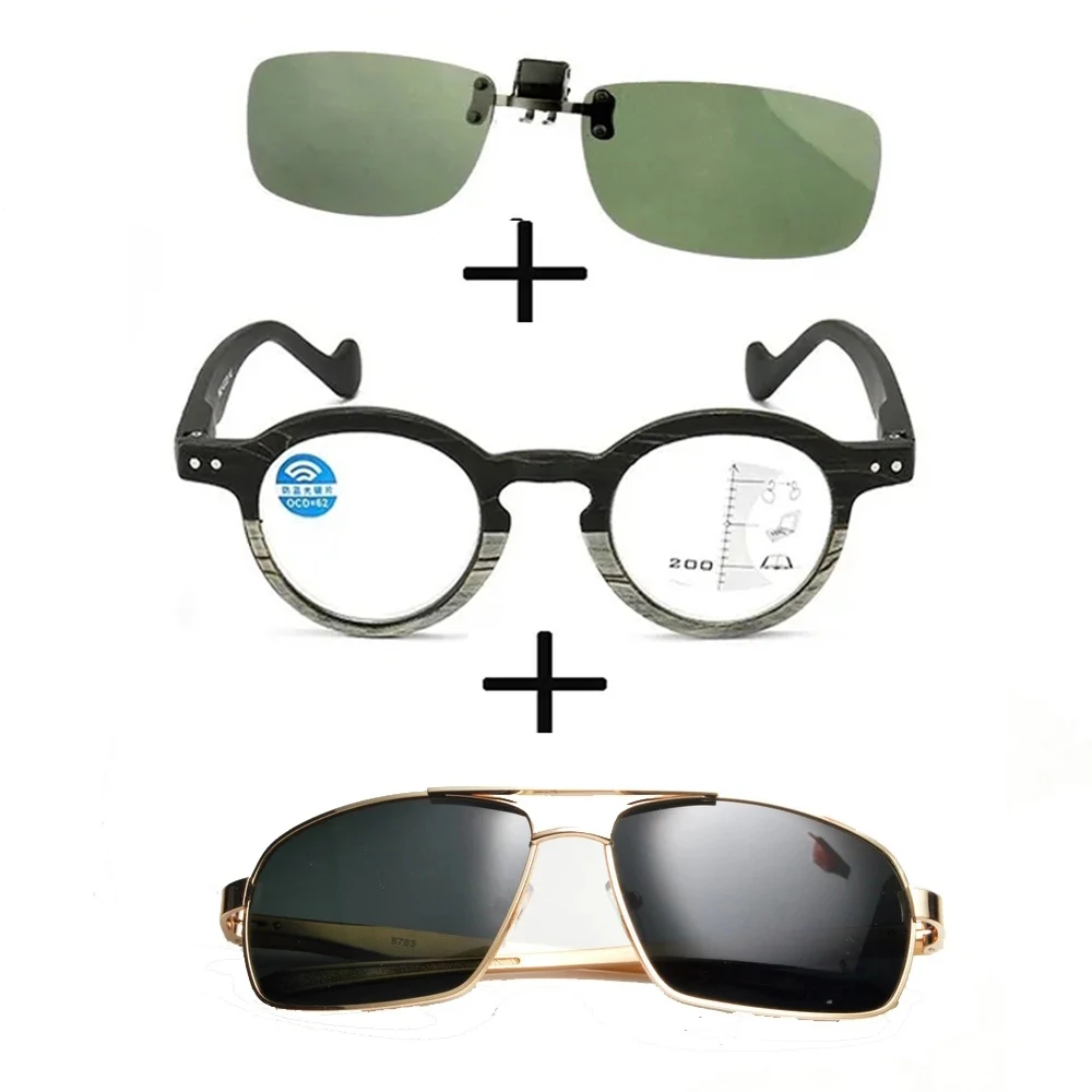 

3Pcs!! Progressive Multifocal Far and Near Reading Glasses Men Women + Squared Polarized Sunglasses Outdoor + Sunglasses Clip