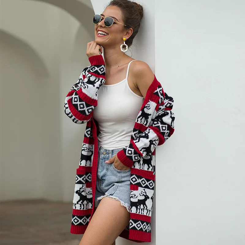 

2021 New Autumn Winter Long Cardigan Women Fashion Christmas deer Loose Knitted Sweater Jacket Female Long Sleeve Cardigans Coat