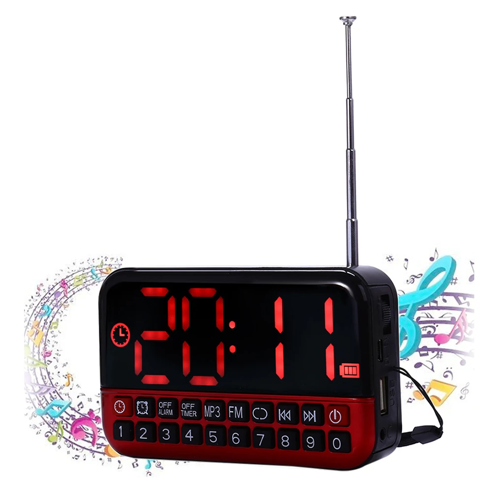 

Цифровой будильник со светодиодный ным дисплеем, радио, музыка, MP3 динамик, Походное Повтор сигнала func, беспроводная антенна для офиса, дома, для родителей и пожилых людей