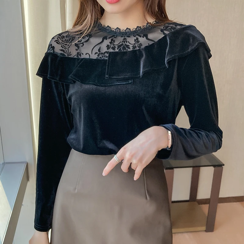 2021 Autumn Spring New Blusas Elegant Blouse Fashion Black Velvet Women Blouse Long Sleeve Vintage Sexy Lace Up Mesh Tops
2021 Autumn Spring New Blusas Elegant Blouse Fashion Black Velvet Women Blouse Long Sleeve Vintage Sexy Lace Up Mesh Tops