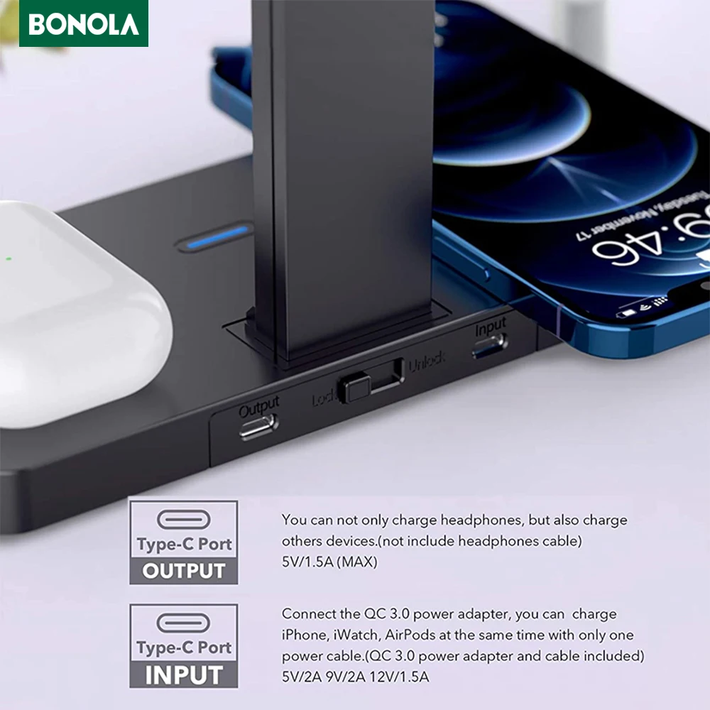 BONOLA for iPhone 12/12 Pro Max/Mini Wireless Charger 4 in 1 Fast Charging Speed Headset Holder for Apple Watch 6 SE/Airpods Pro
BONOLA for iPhone 12/12 Pro Max/Mini Wireless Charger 4 in 1 Fast Charging Speed Headset Holder for Apple Watch 6 SE/Airpods Pro