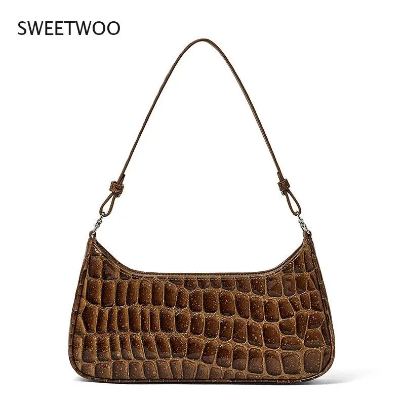 

Women Armpit Bag 2021 New Crocodile Pattern French Niche Baguette Cowhide Bag Fashion Leather Shoulder Handbag Female Satchel