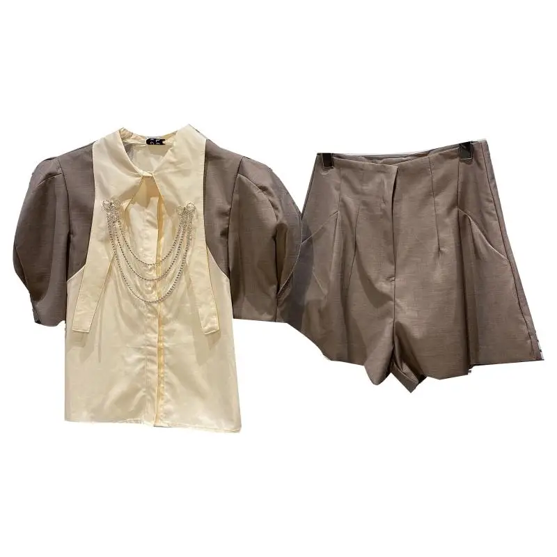 2021 Summer New Rhinestone Chain Puff Sleeve Shirt Suit Shorts Two-Piece Suit
2021 Summer New Rhinestone Chain Puff Sleeve Shirt Suit Shorts Two-Piece Suit