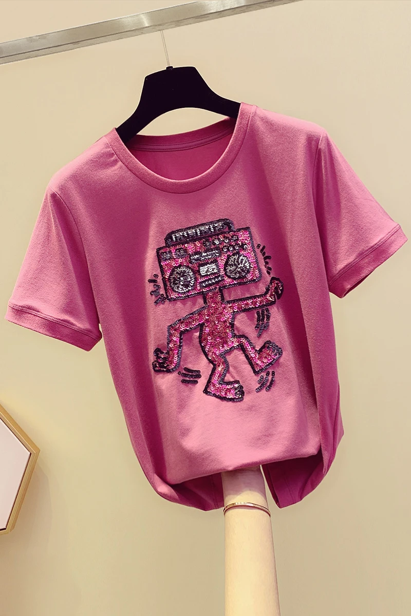 Embroidery Cute Cartoon Sequins Short-Sleeved T-shirt Women 2021 Summer New Korean Loose Slimming Cotton Tops Pink O-neck Tshirt
Embroidery Cute Cartoon Sequins Short-Sleeved T-shirt Women 2021 Summer New Korean Loose Slimming Cotton Tops Pink O-neck Tshirt