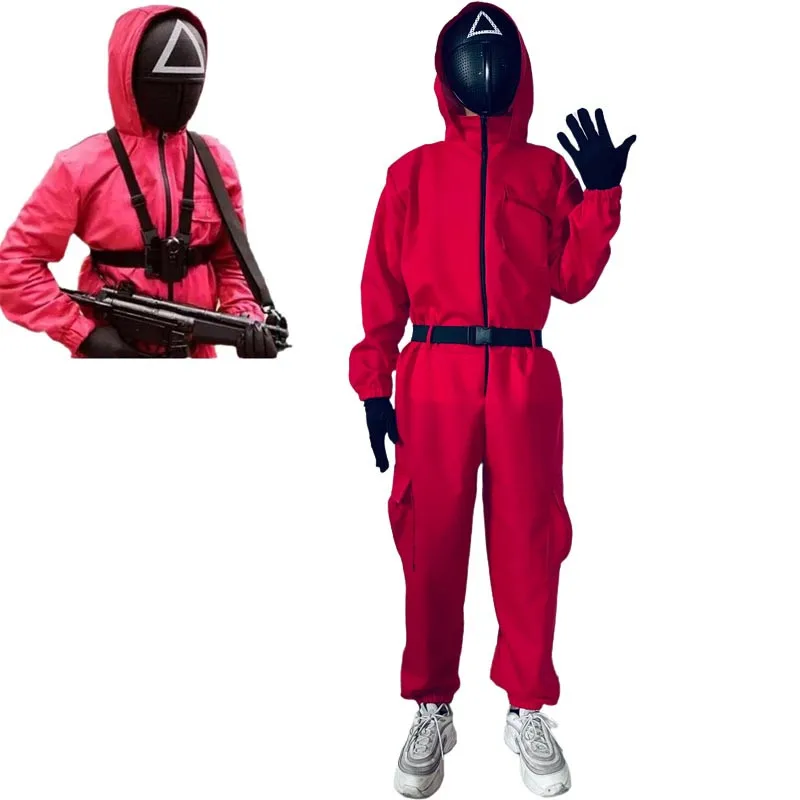 Красный комбинезон из игры кальмар, костюм для косплея, треугольный пластиковый шлем, костюм для мужчин и женщин
Красный комбинезон из игры кальмар, костюм для косплея, треугольный пластиковый шлем, костюм для мужчин и женщин