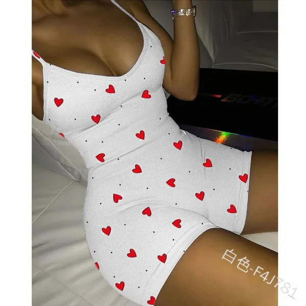 Mandylandy Playsuits Sexy High Waist V-neck Spaghetti Strap Backless Straight Playsuits Women's Slim Fit Heart Print Playsuits