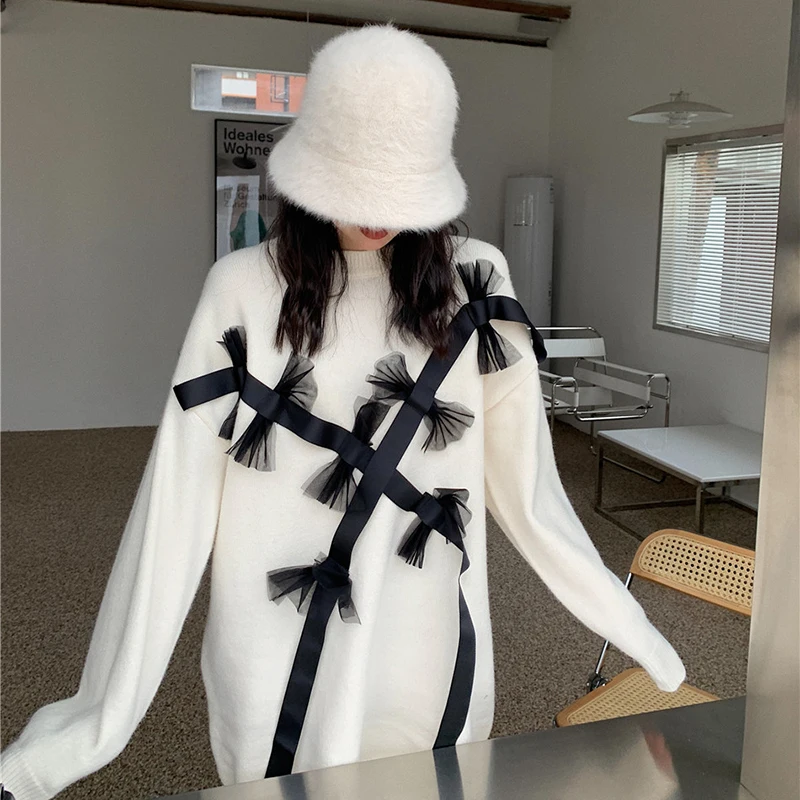 GALCAUR Sweet Style Sweaters For Women O Neck Long Sleeve Patchwork Bowknot Designer Oversized Knitted Pullovers Female 2020 New
GALCAUR Sweet Style Sweaters For Women O Neck Long Sleeve Patchwork Bowknot Designer Oversized Knitted Pullovers Female 2020 New