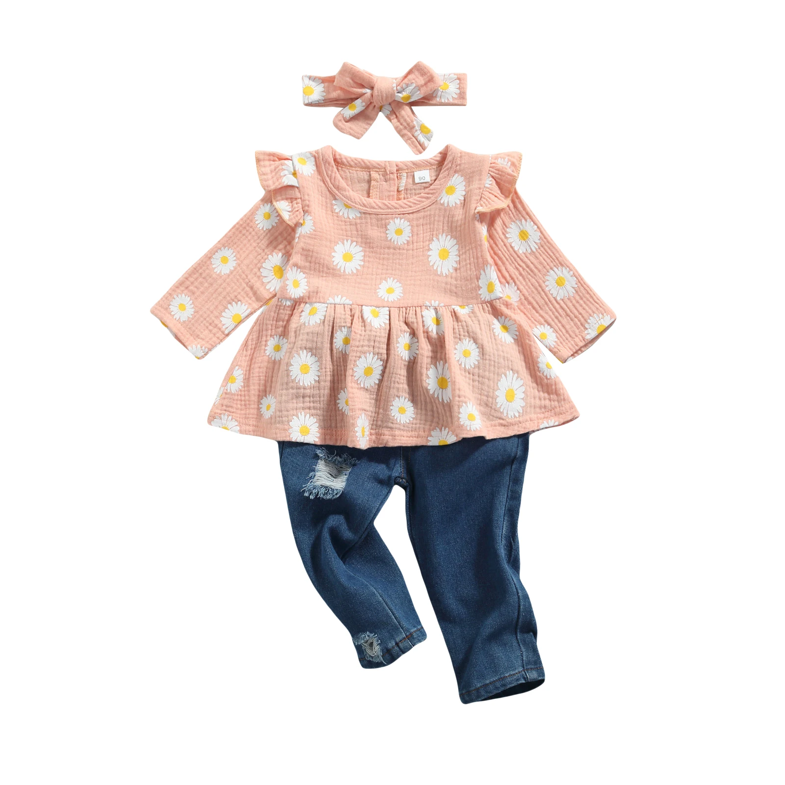 3Pcs Little Girls Outfit, Sweet Style Daisy Printing Long Sleeve Wide Hem Tops + Ripped Denim Trousers + Headwear Set
3Pcs Little Girls Outfit, Sweet Style Daisy Printing Long Sleeve Wide Hem Tops + Ripped Denim Trousers + Headwear Set