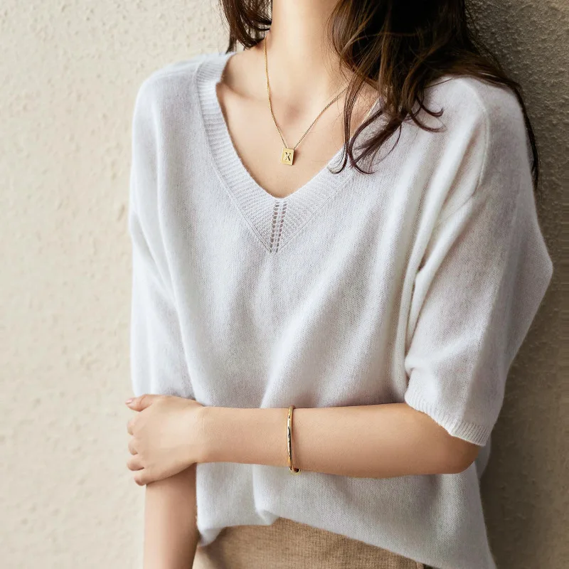 2021 Летняя женская футболка в Корейском стиле с V-образным вырезом и рукавом до