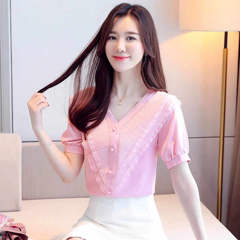 Chiffon Slim Women's Blouses New Casual Blouse Fashion Short Sleeve Top V-neck Solid Shirt Summer Houthion
Chiffon Slim Women's Blouses New Casual Blouse Fashion Short Sleeve Top V-neck Solid Shirt Summer Houthion