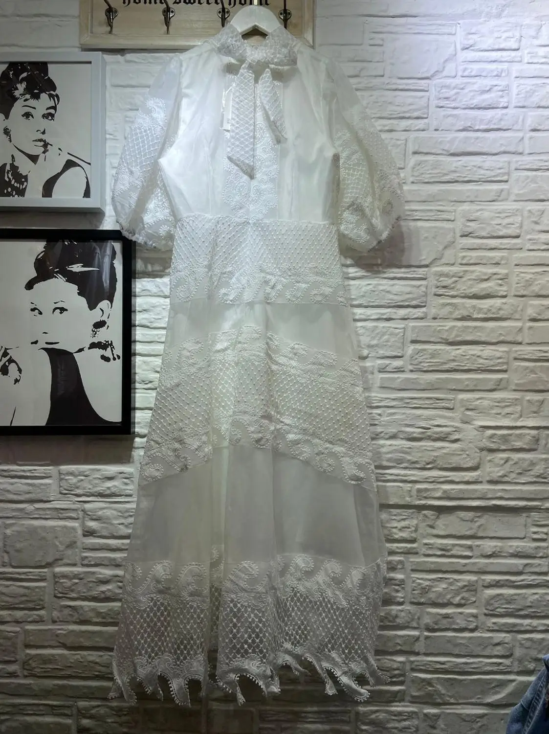 New big fall fashion lace embroidery hollow out collar irregular lantern sleeve dress